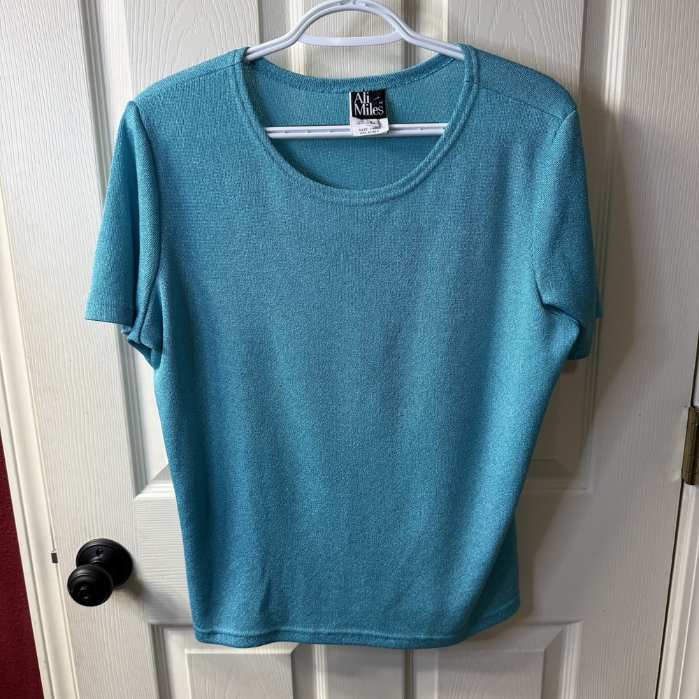 Ali Miles Womens Turquoise Blue Short Sleeve‎ Knit Top Sweater 40-460-A Large